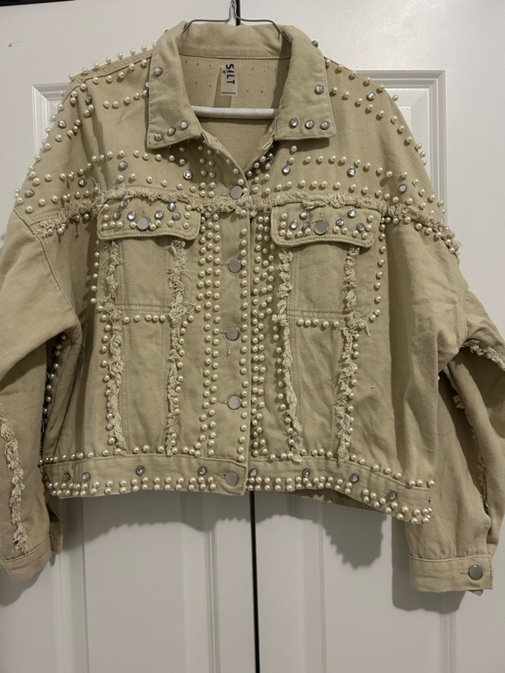 Pearl-Embellished Beige Denim Jacket  by Salt